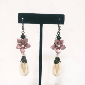 Floral Flower Teardrop Faux Pearl Dangle Drop Hook Pierced Earrings 2.5"